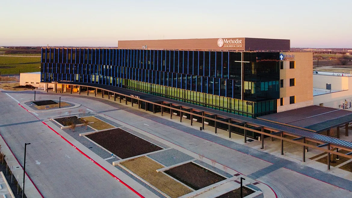 Overhead shot of exterior of Methodist Cedina Medical Cetner in Celina, TX.