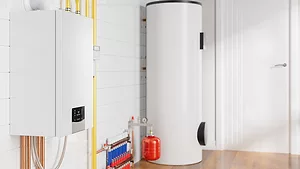 Side view of a boiler system in a bathroom Side view of a boiler system in a bathroom.