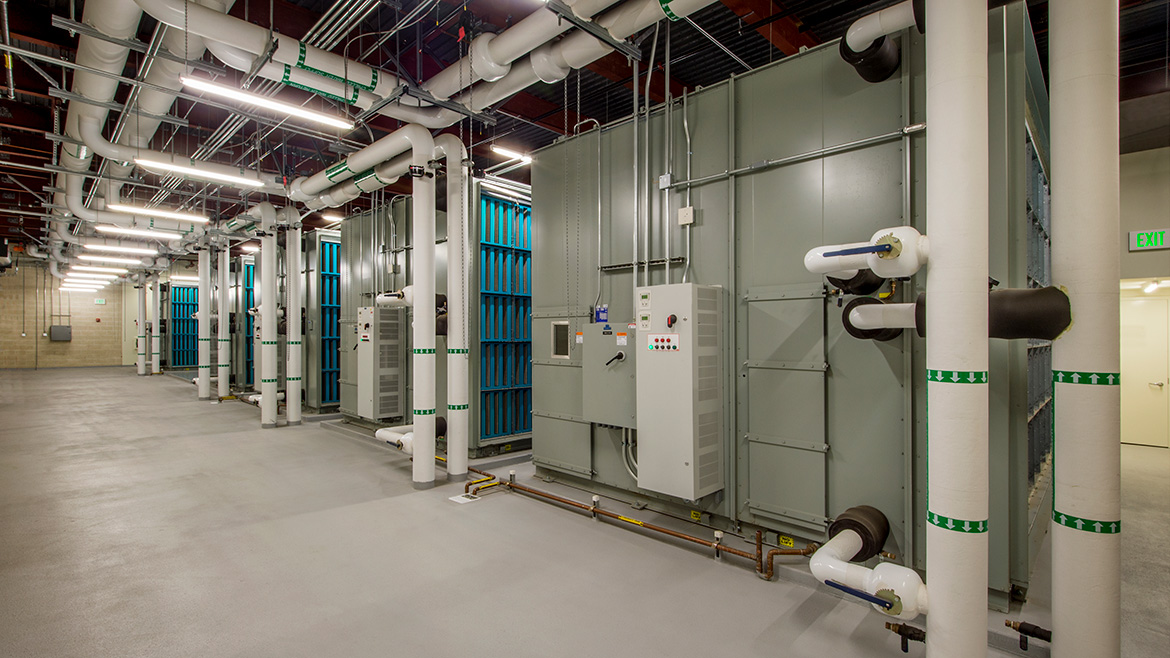Air handlers and associated plumbing and electrical systems for the HVAC in a data center.