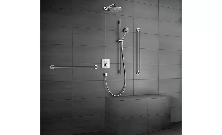 Hansgrohe’s Select technology; universal design, aging-in-place, ADA-compliant, remodeling, plumbing codes, shower systems