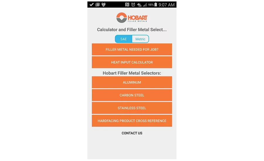 Hobart filler metal selector and calculator mobile app