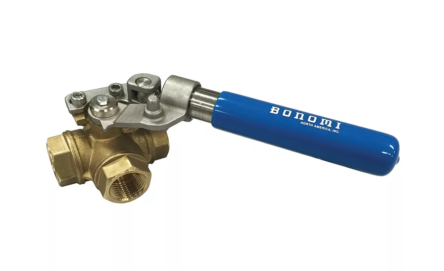 Four-seated, three-way brass ball valves