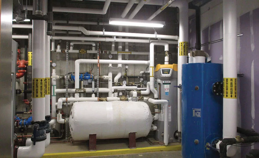 The insulated mechanical piping in the interior of the mechanical room appears white and glossy