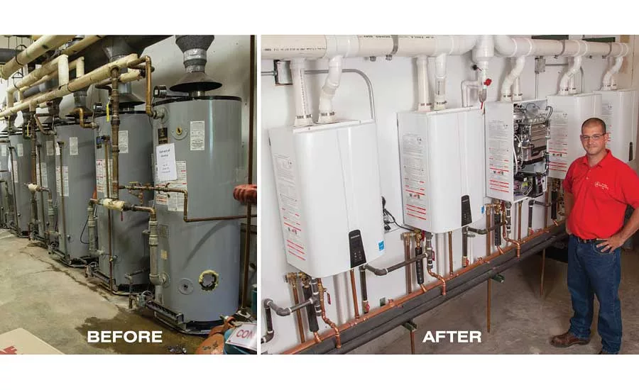 Jason Richards of A+ Plumbing, Heating, Cooling, Inc. replaced leaking tank water heaters with Navien NPE tankless units