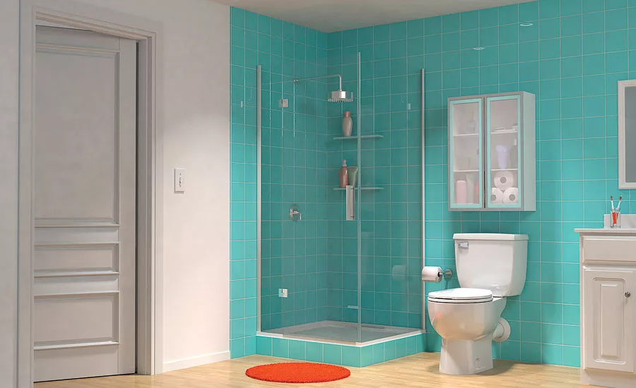 The vitreous china toilets (round model pictured) from Saniflo are high-efficiency